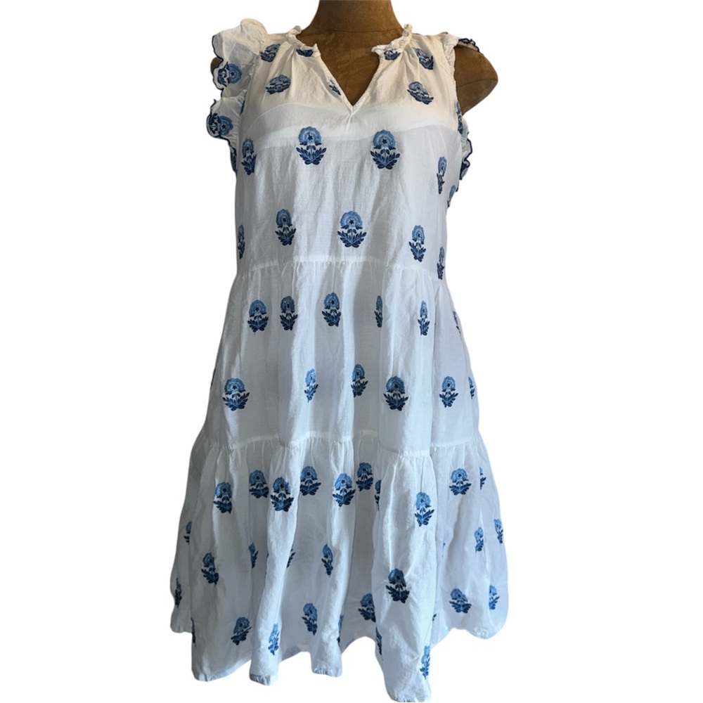 A Loves A Floral Embroidered Tiered Babydoll Mini Dress, Blue & White, Ruffle L - Picture 2 of 12